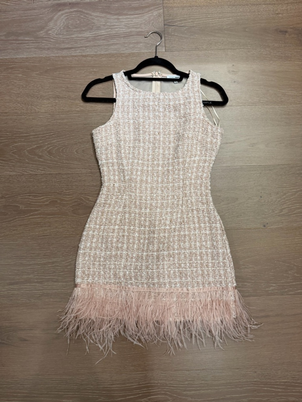 Fashion Nova Pink Tweed Mini Dress with Feather Trim